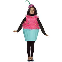 a girl in a pink cupcake costume standing with her hands out to the side