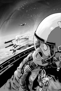 a drawing of a man in a space suit and helmet looking out the window at fighter jets