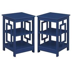 two blue side tables sitting next to each other