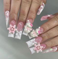 Acrylic Nail Designs Coffin, Snow Nails, Hippie Nails, Pink Xmas, Ombre Acrylic Nails, Nails Design With Rhinestones, Girly Acrylic Nails, Seasonal Nails