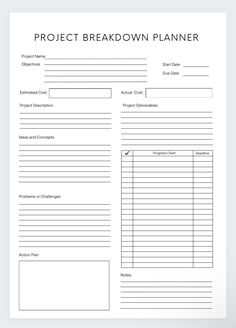 a printable project breakdown planner is shown in black and white, with the title'project breakdown planner '