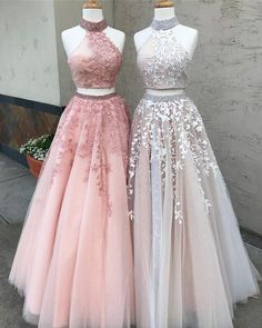 Vestidos Halter, 2 Piece Prom Dress, Prom Dresses Two Piece, Lace Formal Dress, Kleidung Diy, Lace Prom Dress, Pink Prom, Beaded Prom Dress, Cute Prom Dresses