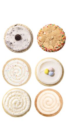 six cookies with icing and sprinkles arranged in the shape of circles