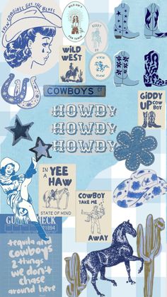 a collage of cowboy related items in blue and white