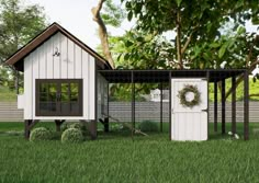 a chicken coop with two doors and a wreath on the door is shown in front of a house