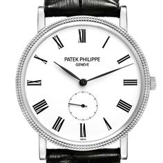 Patek Philippe Calatrava White Gold Black Strap Mens Watch 5119G Papers. Manual winding movement. 18k white gold case 36.0 mm in diameter and 7.0 mm thick. Transparent exhibition sapphire crystal case back. Patek Philippe logo on the crown. 18k white gold hobnail bezel. Scratch resistant sapphire crystal. White dial with black Roman numeral hour markers and leaf hands. Small seconds subdial at 6 o'clock. Black leather strap with 18K white gold tang buckle. Classic White Gold Diamond Watch With Subdials, Classic Diamond Watch With Diamond Hour Markers For Business, Luxury White Gold Chronometer Watch, Classic Diamond Watch With Subdials For Business, Classic Business Diamond Watch With Subdials, Luxury Watches With Polished Finish And Round Dial, Timeless Business Diamond Watch With Subdials, Luxury White Gold Diamond Watch With Chronometer, Classic Round Watches With Polished Finish