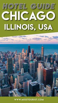 the chicago, usa travel guide is featured in this green book cover with cityscape and