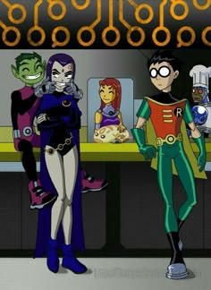 cartoon characters standing in front of a counter