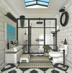 a bathroom with black and white tile flooring next to a skylight above the toilet