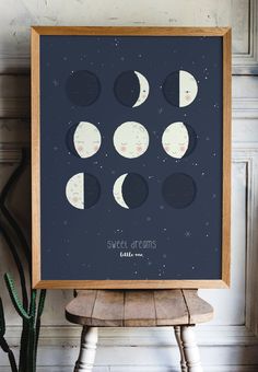 an art print with the phases of the moon and stars on it in a wooden frame