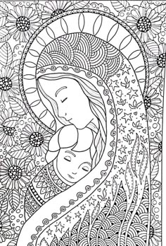 the virgin mary with her baby jesus surrounded by flowers and leaves in black and white