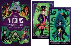 the villain's tarot deck and guidebook are shown in three different colors