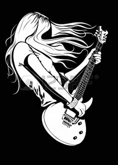 a girl with long hair playing an electric guitar in black and white on a dark background