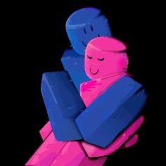 a pink and blue toy hugging each other