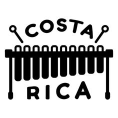 the word costa rica written in black on a white background with an image of a musical instrument