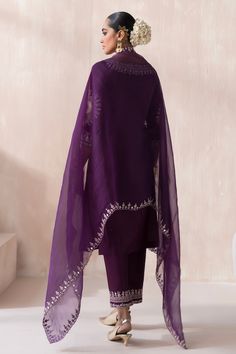 Purple straight kurta with floral mandala butti embroidery and mirror highlights. Paired with a pant with embroidered hem and dupatta with scallop trimmed, embroidered border. - Aza Fashions Unstitched Purple Traditional Wear With Mirror Work, Bollywood Purple Unstitched Suit With Mirror Work, Diwali Purple Unstitched Suit With Mirror Work, Purple Chanderi Churidar With Mirror Work, Purple Chanderi Traditional Wear With Mirror Work, Traditional Silk Palazzo Set With Mirror Work, Unstitched Kurta With Mirror Work For Traditional Ceremonies, Unstitched Salwar Kameez With Mirror Work For Traditional Ceremonies, Purple Straight Kurta Set With Mirror Work