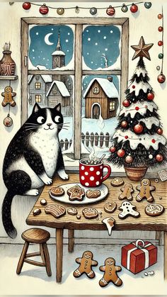 a black and white cat sitting at a table next to a window with christmas decorations