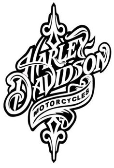 the harley davidson motorcycle logo is shown in black and white, with an ornate scroll