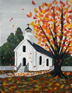 a painting of a white church with fall leaves on the ground in front of it