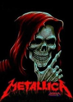 a skeleton with red hair holding his hands in front of him and the words metallic on it