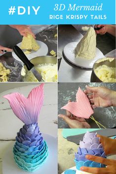 the instructions for making mermaid rice krispy tails are shown in this collage with text overlay