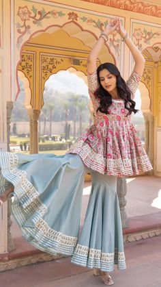 Cotton Grey & Pink Printed Sharara Set with Soft Net Dupatta Sharara Designs Simple, Gold Lehenga Bridal, Pomcha Jaipur, Red Blouse Design, Cotton Sharara, Printed Sharara, Anarkali Frock, Sharara Designs, Simple Frock Design