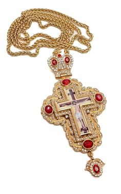 Pectoral Cross Red Zircons Crystallized Gold plated Clergy Pectoral Cross with red crystallized glass elements, Jesus Christ, and a long gold chain. Beautiful 18k Gold Plated Cross With Long 20" Long Chain Necklace Hangs for the Perfect Pendant Length. Cross Pendant Length (H X W) :15 cm x 7.5 cm / 5.9" x 3", Chain size: 23" Packed in beautiful gift box with velvet base to provide extra protection. Christian priest bishop Cross can be hanged at home or used at Church. The Cross combined with a l Red Metal Jewelry With Gold Chain, Red Gold Chain Metal Jewelry, Cross Neckless, Pectoral Cross, Long Chain Necklace, Cross Jewelry, Spiritual Gifts, Gold Cross, Long Chain