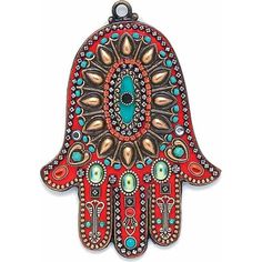 a red hamsa hanging from the side with beads and jewels on it's palm