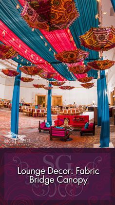 lounge decor fabric bridge canopy with blue and pink drapes on the ceiling for seating