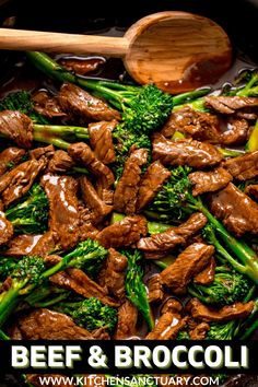 beef and broccoli stir fry in a skillet with a wooden spatula