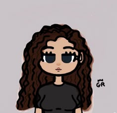 a drawing of a girl with glasses on her face and long curly hair, wearing a black t - shirt