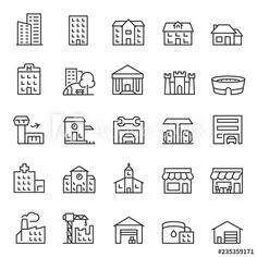 set of buildings icons in thin line style