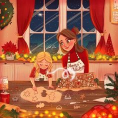 a woman and child are making cookies in front of a christmas tree with lights on the windowsill