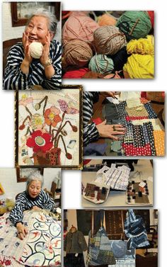 an old woman is knitting and crocheting in her home with many different pictures