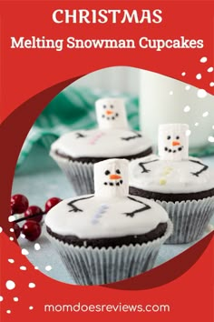 three cupcakes with frosting on them and the words christmas melting snowman cupcakes