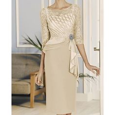 Silhouette:Sheath / Column; Hemline / Train:Knee Length; Closure:Covered Button; Built-In Bra:Yes; Embellishment:Ruffles,Embroidery; Fabric:Satin,Lace; Sleeve Length:3/4 Length Sleeve; Boning:Yes; Style:Elegant; Neckline:Jewel Neck; Listing Date:06/01/2020; Bust:; Hips:; Hollow to Floor:; Waist: Bride Dress Elegant, Mother Of Groom Dresses, Womens Wedding Dresses, Satin Tulle, Anniversary Ideas, Golden Wedding, Bride Clothes, Mother Of The Bride Dress, Groom Dress