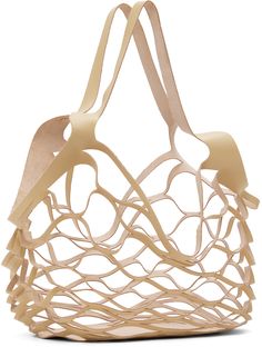 Grained leather mesh tote in beige. · Twin carry handles · Grained leather panel at base · Unlined · H13 x W12 x D6 Supplier color: Camel Large Modern Beige Shoulder Bag, Large Modern Beige Bag, Modern Large Beige Shoulder Bag, Large Beige Leather Bag, Large Beige Shoulder Bag With Top Carry Handle, Large Beige Shoulder Bag With Top Handle, Large Beige Satchel With Top Carry Handle, Leather Bags With Braided Handles In Neutral Color, Neutral Leather Bag With Braided Handles