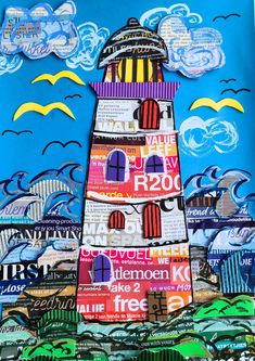 a colorful lighthouse made out of magazines on a blue background