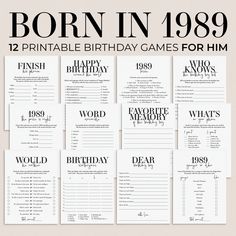 birthday games for him born in 1989 with the words happy birthday written on them and black font