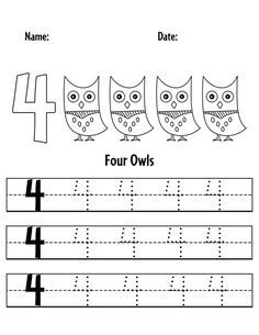 Free Number 4 Tracing Page, owl theme. Worksheets For Preschool