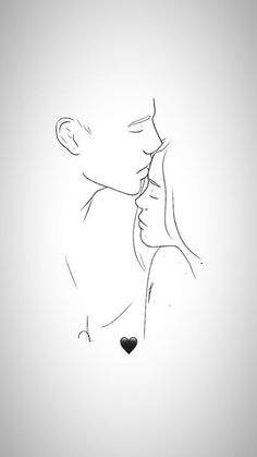 a black and white drawing of a man kissing a woman's face with a heart shaped nose