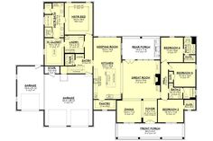 the first floor plan for a home with two master suites and an open concept kitchen