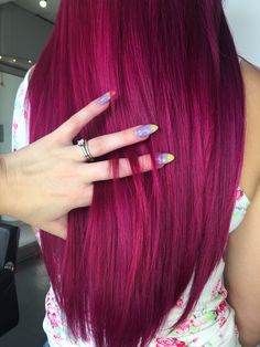 Pinterest: ashliwankhanobi ❀ Vibrant Red Violet Hair Color, Raspberry Color Hair, Red Magenta Hair Color, Pink Hair Shadow Root, Pink Magenta Hair, Raspberry Pink Hair, Magenta Pink Hair