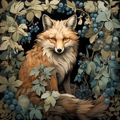 a painting of a fox surrounded by leaves and berries on a black background with blue berries