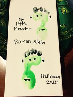 a handprinted card with two little monsters on it and the words, my little monster, roman - stein halloween 2013