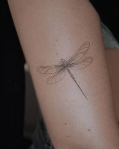 a small dragonfly tattoo on the right arm and shoulder, it appears to be drawn in black ink