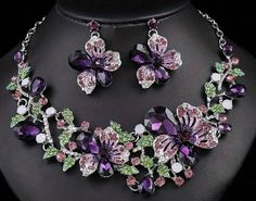 -2pcs Necklace set Women's Colorful Flower Design, Purple Glass Rhinestones,  Evening Party Accessories, Bridal Jewelry Rhinestone Jewelry Set, Crystal Jewelry Sets, Fashion Jewelry Sets, Wedding Bridal Jewellery, Floral Necklace, Enamel Flower, Floral Jewellery, Rhinestone Jewelry, Wedding Jewelry Sets