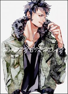 an anime character wearing a green jacket and black shirt with his hands in his pockets