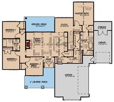 this is the first floor plan for a house with two master suites and an attached garage