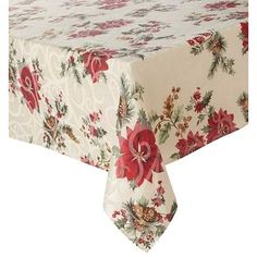 a table with a red and white floral design on it